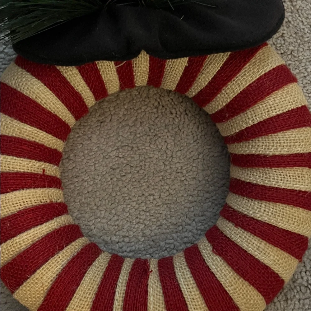 Vintage Hand crafted Festive Red and White Snowman Wreath Made with Burlap- EUC